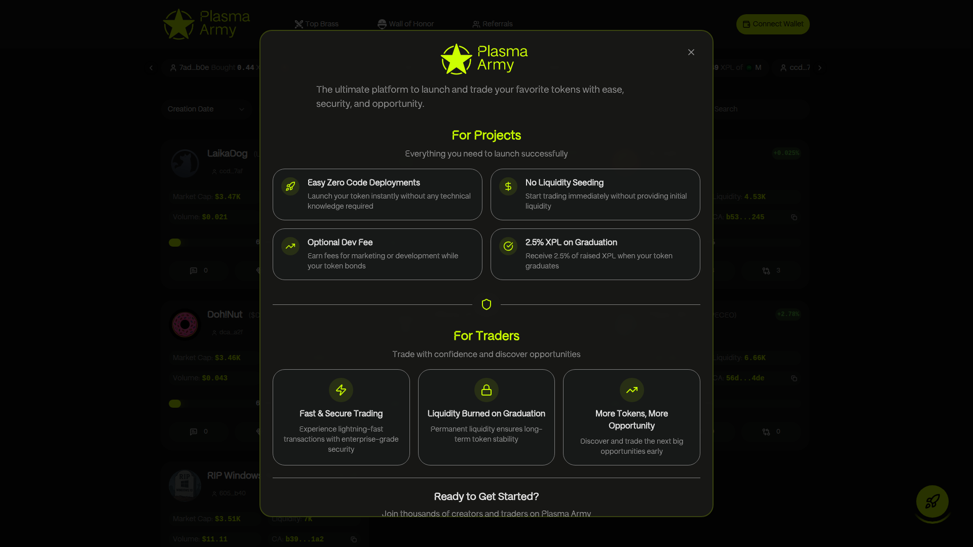 Plasma Army — Advanced crypto memepad platform for launching and trading meme tokens.